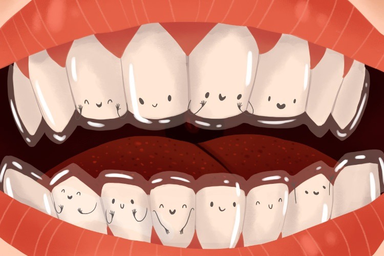 Closeup of cartoon mouth with smiling teeth wearing a clear Invisalign retainer for orthodontic treatment