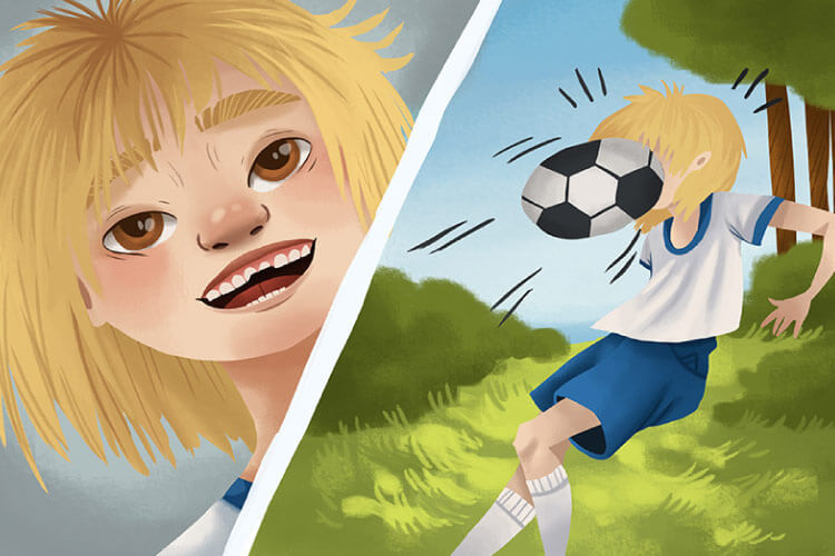 Split screen cartoon or blond child getting hit in the face with a soccer ball & showing a chipped tooth as a result