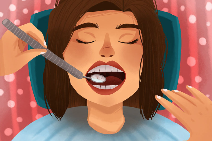 Cartoon of a lady in the dental chair receiving preventive dental treatments.