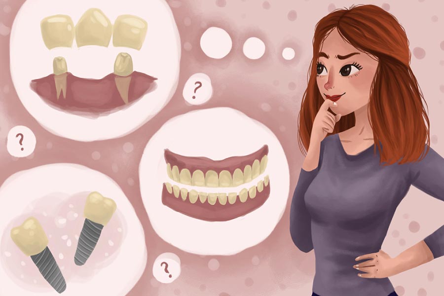Cartoon of a woman with thought bubbles helping her decide between a bridge or dental implant.