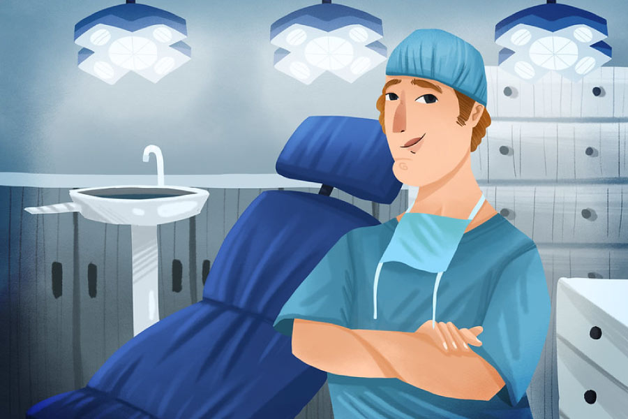 Cartoon of a dentist standing with his arms folded near the dental chair.