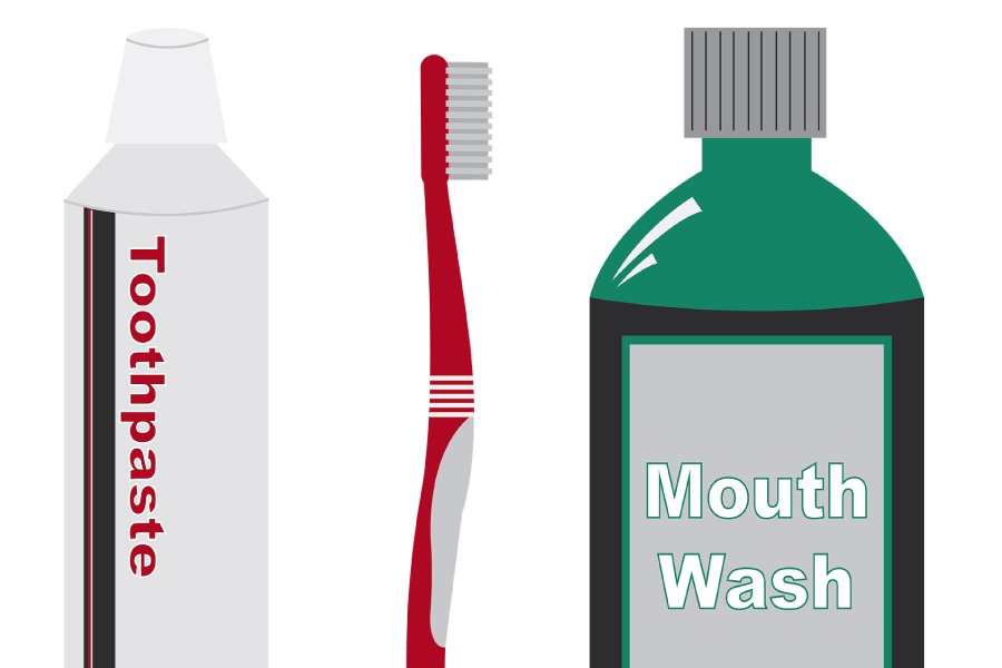 Cartoon of toothpaste, toothbrush and mouthwash.