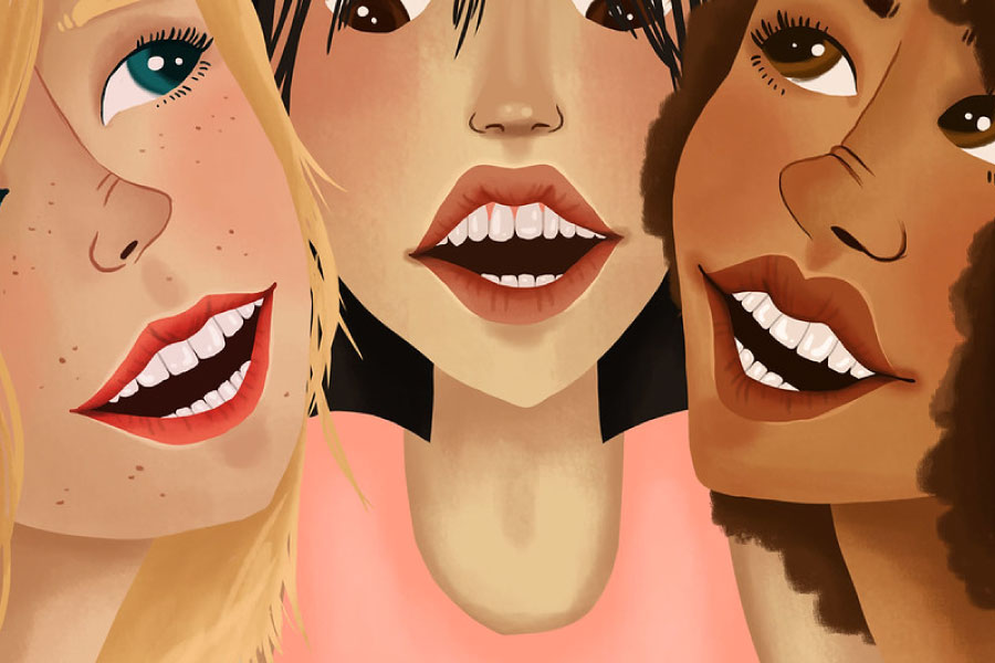 Cartoon of three smiling women with porcelain veneers.