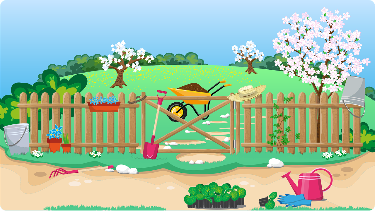Cartoon of a yard with spring blooms and tools ready to spruce up the landscape including a wheelbarrow full of compost and bedding plants.