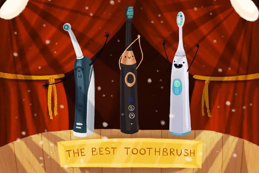 Cartoon of three electric toothbrushes on a stage to see who is the best.