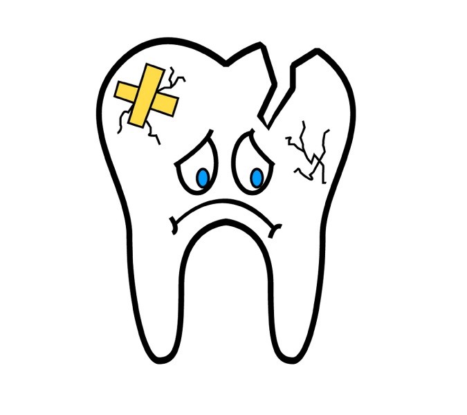 Drawing of a cracked and beat up tooth with a frown and a bandaid.